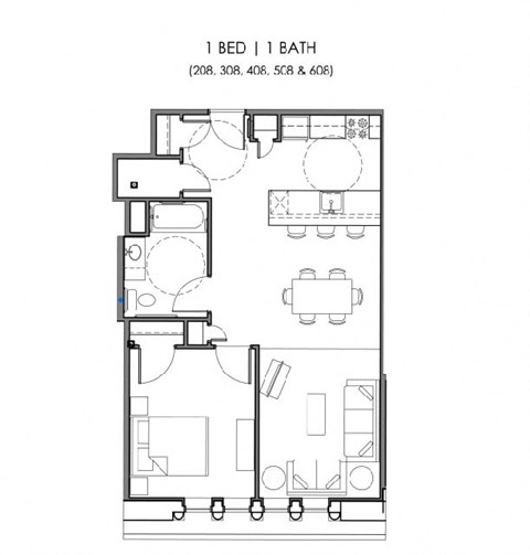 Floor plan for 1 bed, 1 bath, 690 sqft